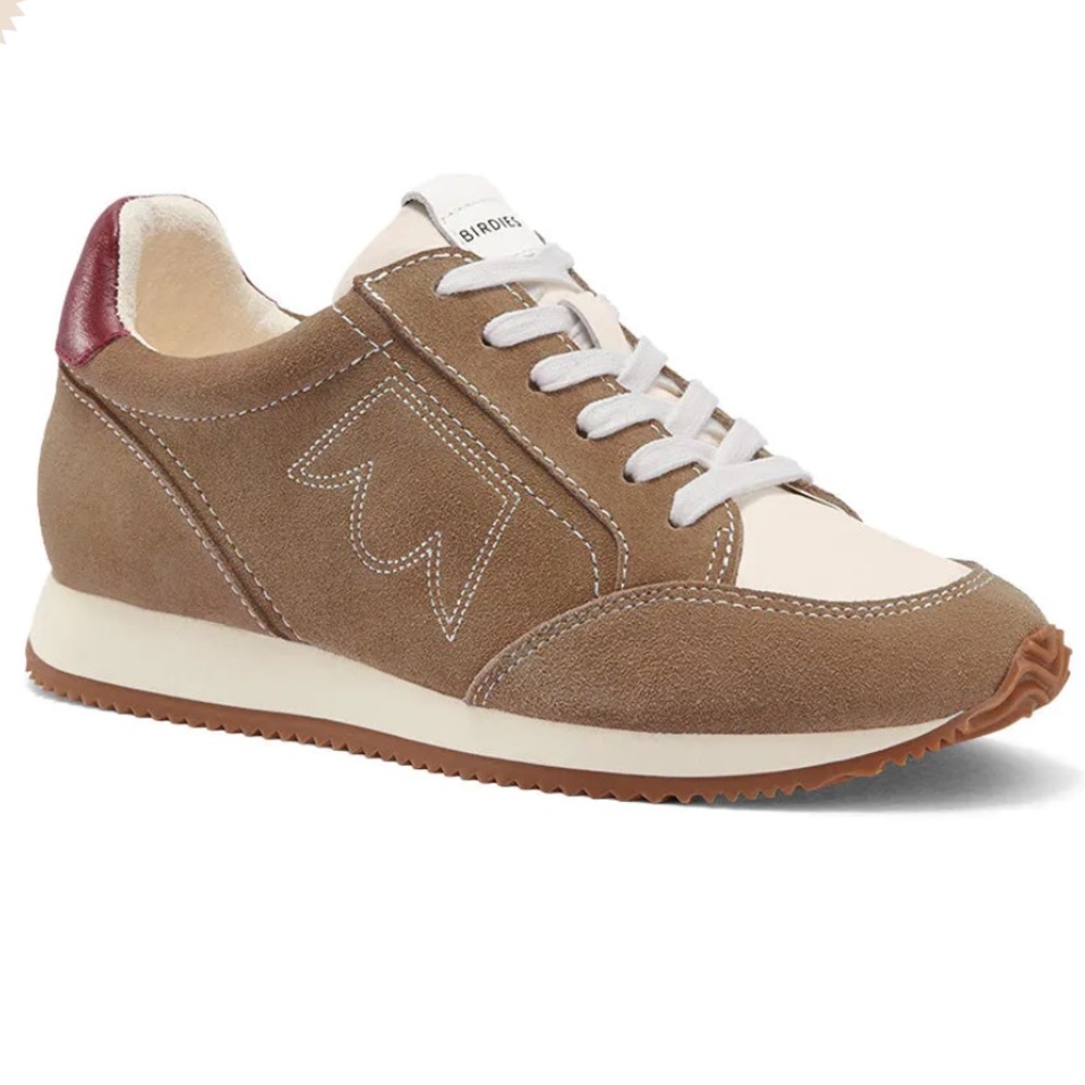 Birdies Two-Tone Brown and Cream Suede Sneakers with Burgundy Heel